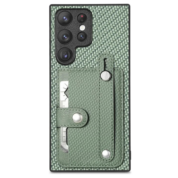 C1-01 For Samsung Galaxy S23 Ultra Wristband Cell Phone Case Card Holder PU Leather Coated TPU+PC Cover