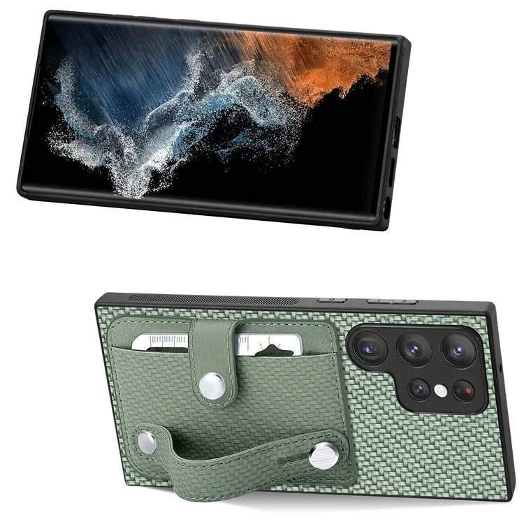 C1-01 For Samsung Galaxy S23 Ultra Wristband Cell Phone Case Card Holder PU Leather Coated TPU+PC Cover