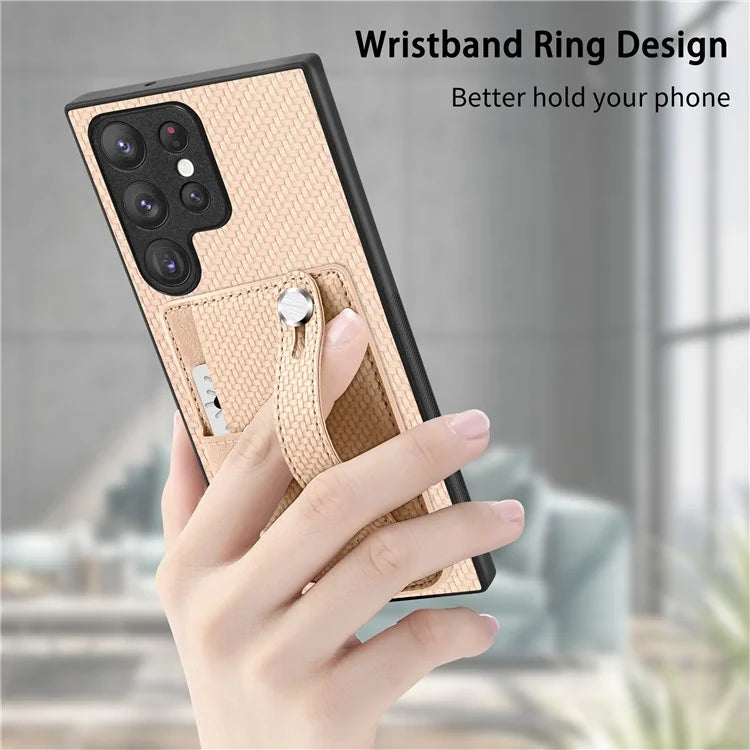C1-01 For Samsung Galaxy S23 Ultra Wristband Cell Phone Case Card Holder PU Leather Coated TPU+PC Cover