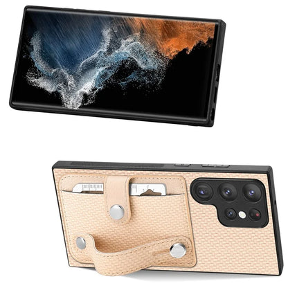 C1-01 For Samsung Galaxy S23 Ultra Wristband Cell Phone Case Card Holder PU Leather Coated TPU+PC Cover