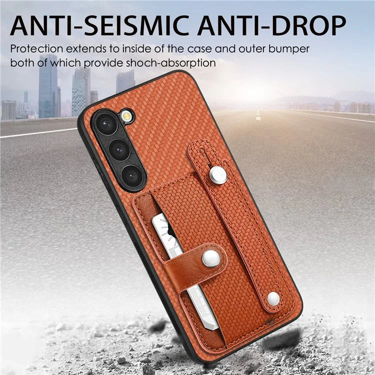 C1-01 For Samsung Galaxy S23+ PU Leather+TPU+PC Phone Cover Slim-fit Shockproof Case with Card Holder Wristband