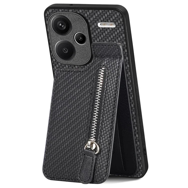 C1-03 For Xiaomi Redmi Note 13 Pro+ 5G Case Zipper Pocket Vertical Kickstand Carbon Fiber Phone Cover