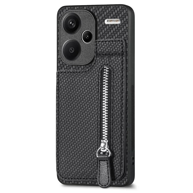 C1-03 For Xiaomi Redmi Note 13 Pro+ 5G Case Zipper Pocket Vertical Kickstand Carbon Fiber Phone Cover