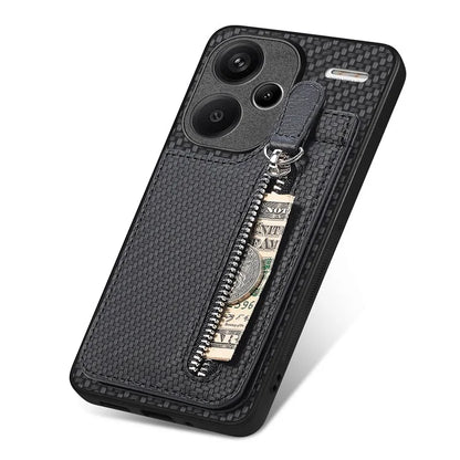 C1-03 For Xiaomi Redmi Note 13 Pro+ 5G Case Zipper Pocket Vertical Kickstand Carbon Fiber Phone Cover