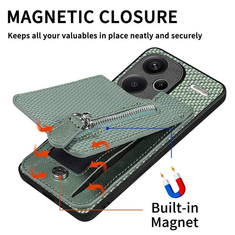 C1-03 For Xiaomi Redmi Note 13 Pro+ 5G Case Zipper Pocket Vertical Kickstand Carbon Fiber Phone Cover