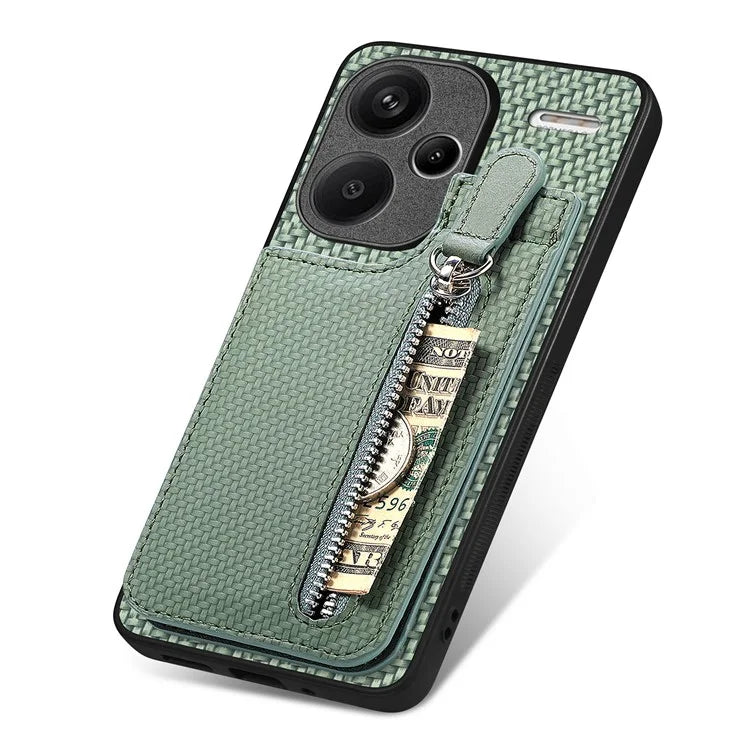 C1-03 For Xiaomi Redmi Note 13 Pro+ 5G Case Zipper Pocket Vertical Kickstand Carbon Fiber Phone Cover