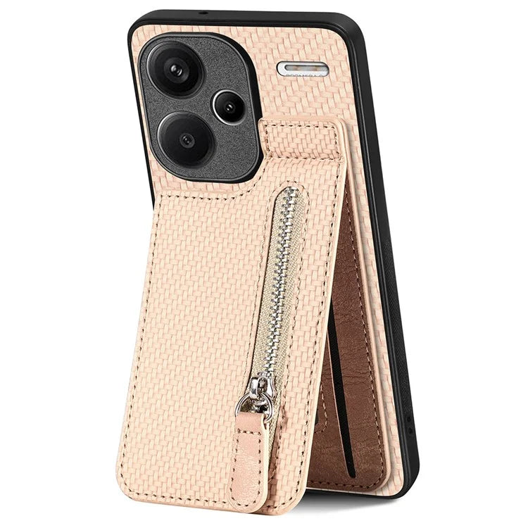 C1-03 For Xiaomi Redmi Note 13 Pro+ 5G Case Zipper Pocket Vertical Kickstand Carbon Fiber Phone Cover