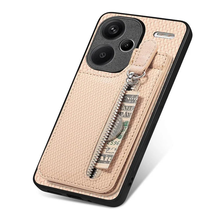 C1-03 For Xiaomi Redmi Note 13 Pro+ 5G Case Zipper Pocket Vertical Kickstand Carbon Fiber Phone Cover
