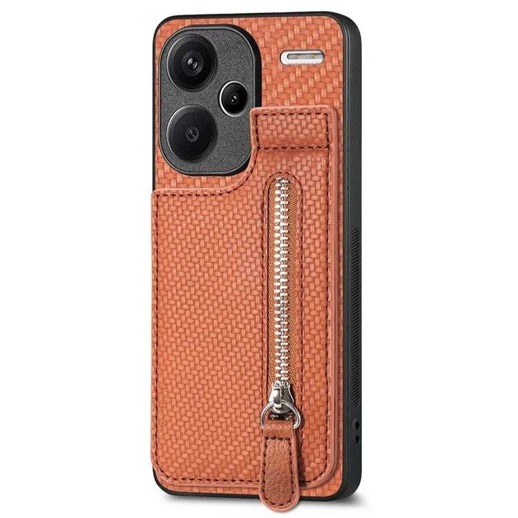C1-03 For Xiaomi Redmi Note 13 Pro+ 5G Case Zipper Pocket Vertical Kickstand Carbon Fiber Phone Cover