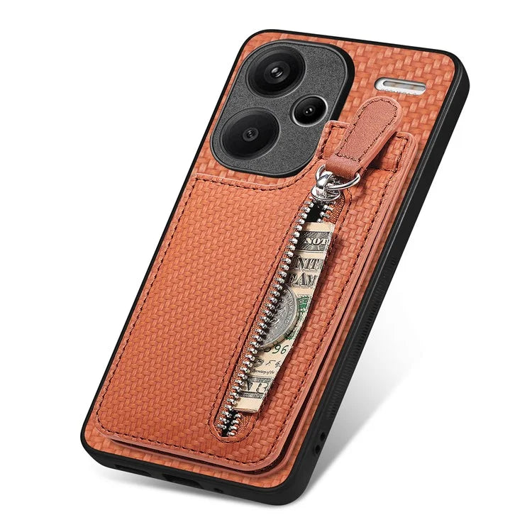 C1-03 For Xiaomi Redmi Note 13 Pro+ 5G Case Zipper Pocket Vertical Kickstand Carbon Fiber Phone Cover