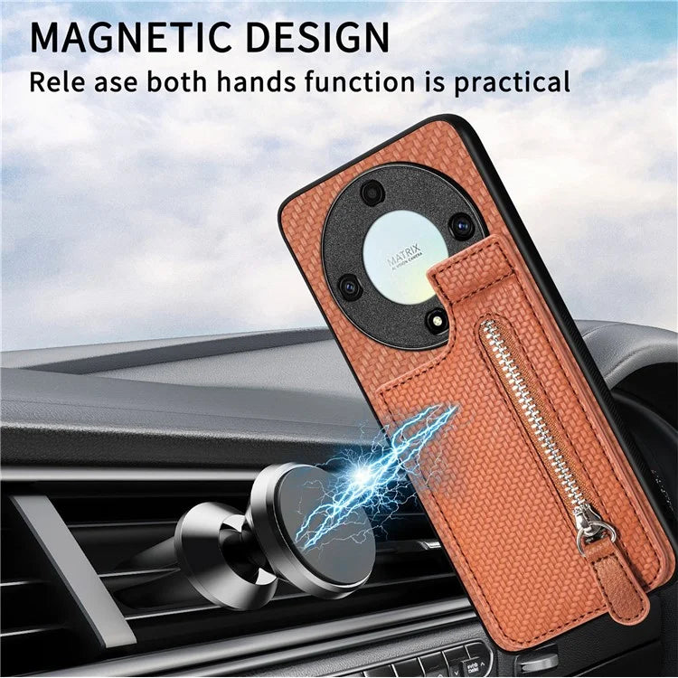 C1-03 For Honor X40 5G / X9a 5G / Magic5 Lite 5G Case Zipper Pocket Carbon Fiber Back Phone Cover