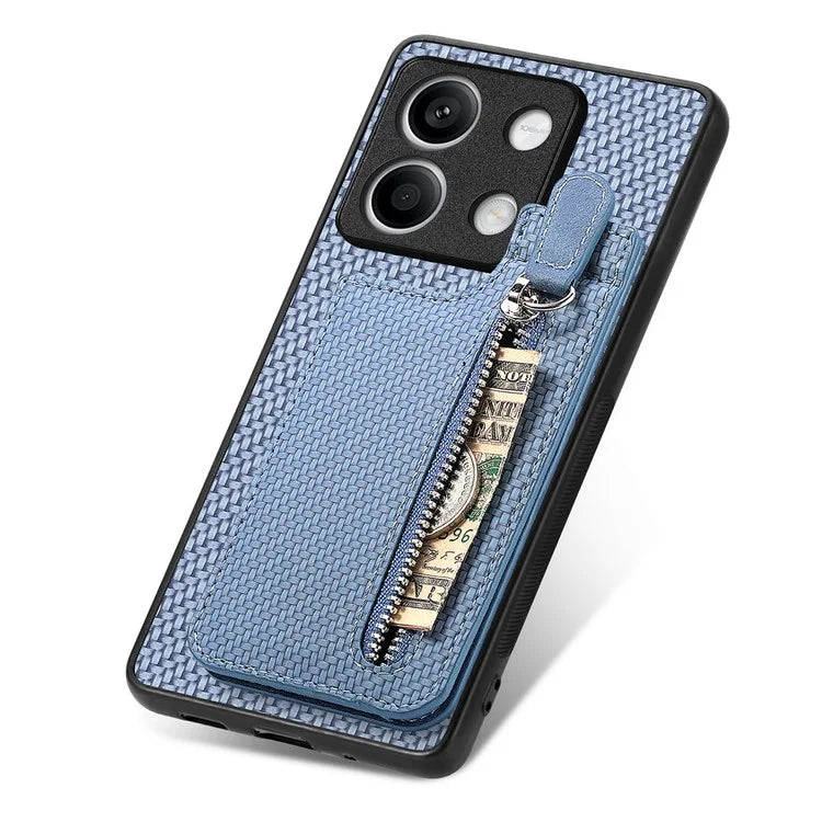 C1-03 For Xiaomi Redmi Note 13 5G Shockproof Case Zipper Pocket Carbon Fiber Protective Back Cover