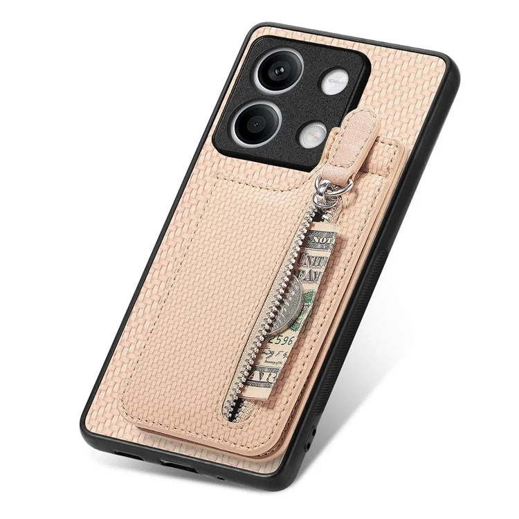 C1-03 For Xiaomi Redmi Note 13 5G Shockproof Case Zipper Pocket Carbon Fiber Protective Back Cover