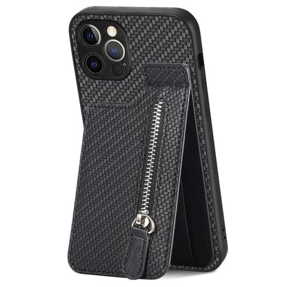 C1-03 For iPhone 12 Pro Max Case Carbon Fiber PU+TPU+PC Kickstand Phone Cover
