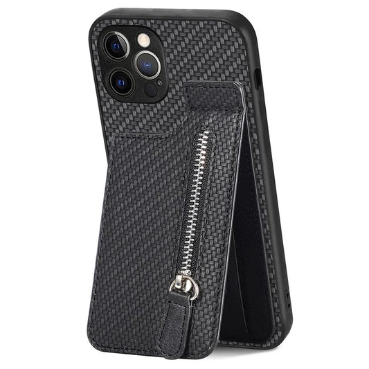 C1-03 For iPhone 12 Pro Max Case Carbon Fiber PU+TPU+PC Kickstand Phone Cover