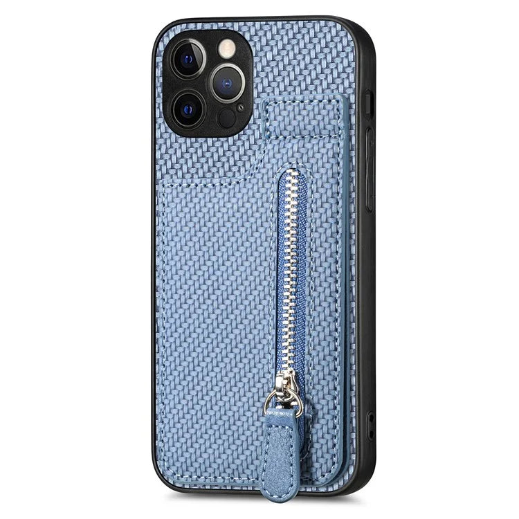 C1-03 For iPhone 12 Pro Max Case Carbon Fiber PU+TPU+PC Kickstand Phone Cover