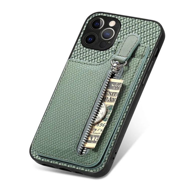 C1-03 For iPhone 12 Pro Max Case Carbon Fiber PU+TPU+PC Kickstand Phone Cover