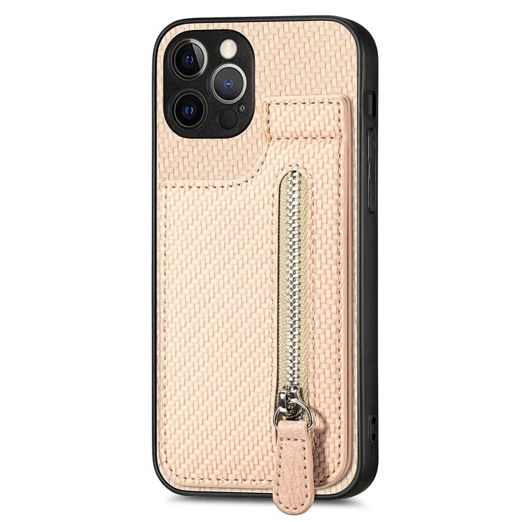 C1-03 For iPhone 12 Pro Max Case Carbon Fiber PU+TPU+PC Kickstand Phone Cover