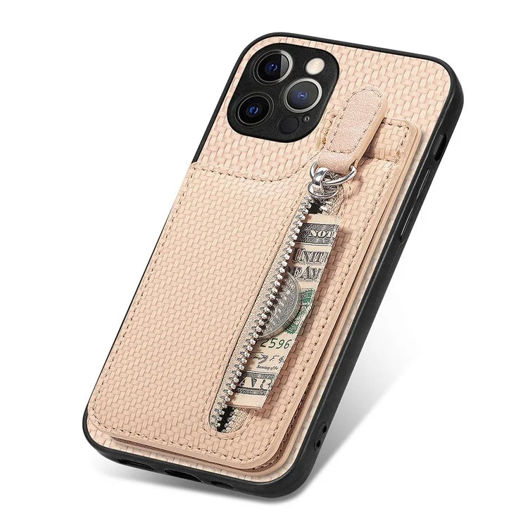 C1-03 For iPhone 12 Pro Max Case Carbon Fiber PU+TPU+PC Kickstand Phone Cover