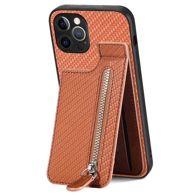 C1-03 For iPhone 12 Pro Max Case Carbon Fiber PU+TPU+PC Kickstand Phone Cover