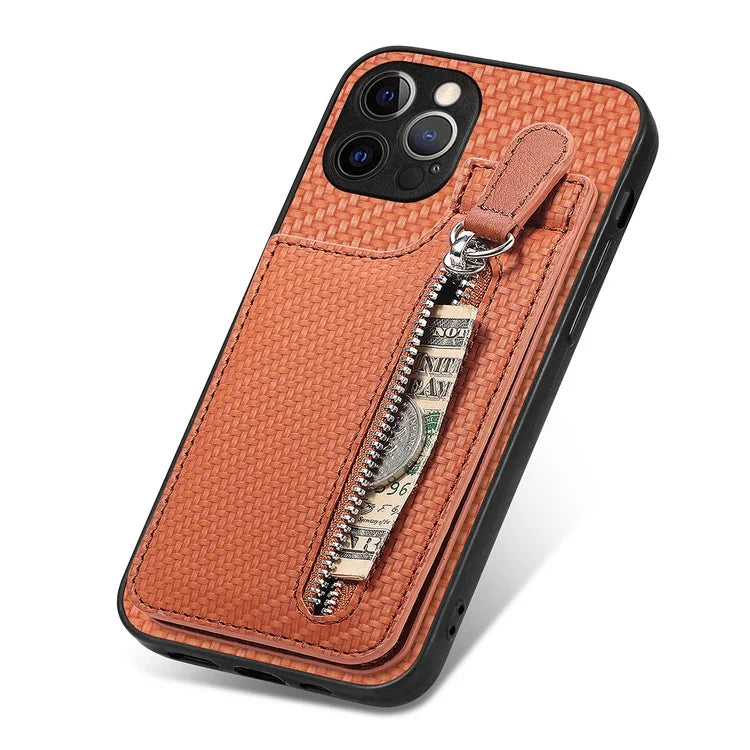 C1-03 For iPhone 12 Pro Max Case Carbon Fiber PU+TPU+PC Kickstand Phone Cover
