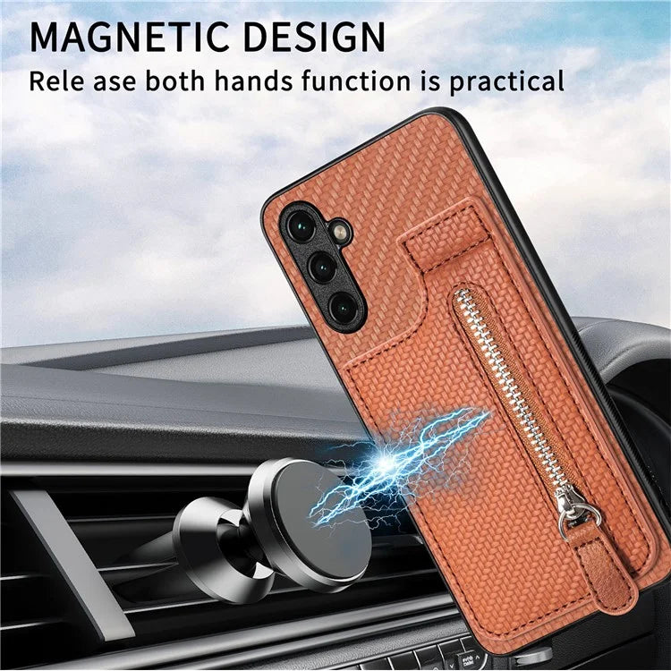C1-03 For Samsung Galaxy A05s 4G Case Carbon Fiber Kickstand Cover Support Magnetic Car Mount Holder