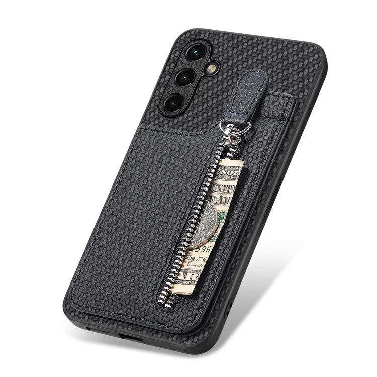C1-03 For Samsung Galaxy A24 4G (162.1 x 77.6 x 8.3mm) Case Shockproof Carbon Fiber Protective Cover with Zipper Pocket