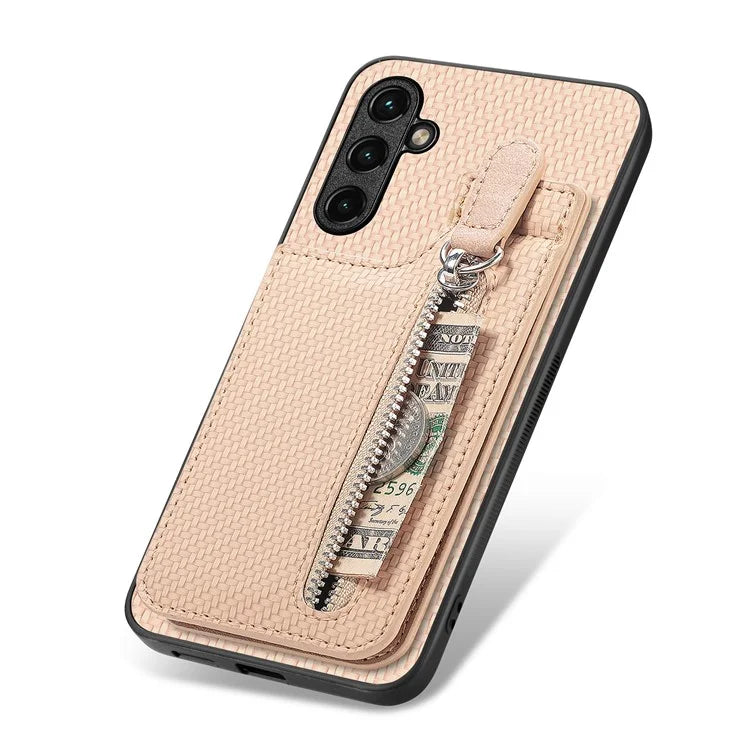 C1-03 For Samsung Galaxy A24 4G (162.1 x 77.6 x 8.3mm) Case Shockproof Carbon Fiber Protective Cover with Zipper Pocket