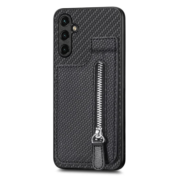 C1-03 For Samsung Galaxy A34 5G Case Zipper Pocket Carbon Fiber Protective Shell with Vertical Kickstand