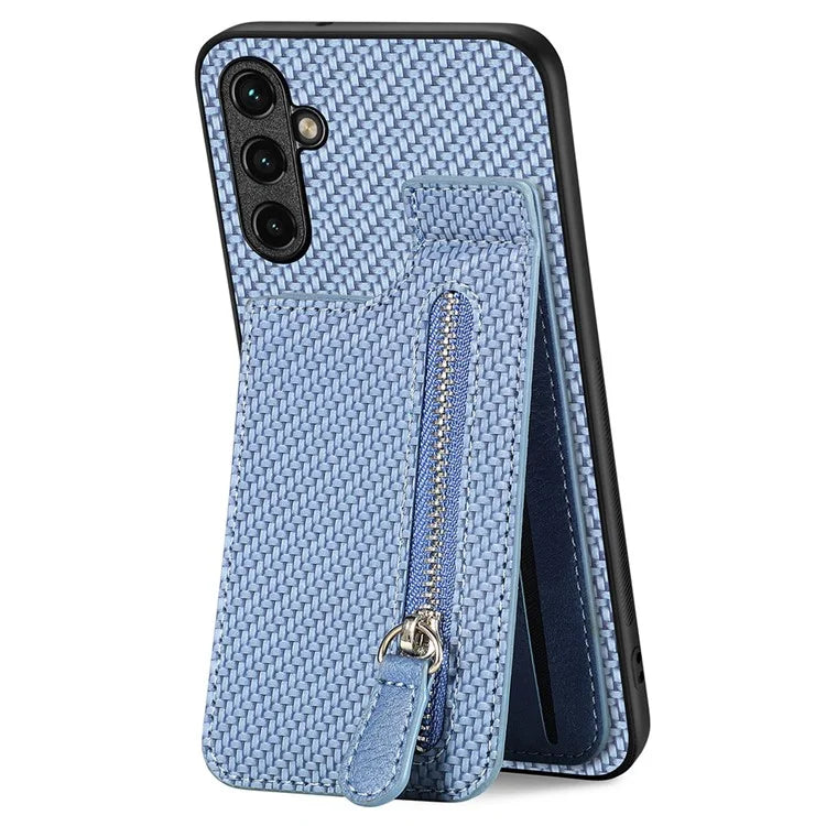 C1-03 For Samsung Galaxy A34 5G Case Zipper Pocket Carbon Fiber Protective Shell with Vertical Kickstand