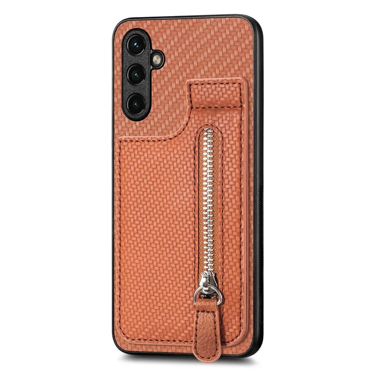 C1-03 For Samsung Galaxy A34 5G Case Zipper Pocket Carbon Fiber Protective Shell with Vertical Kickstand