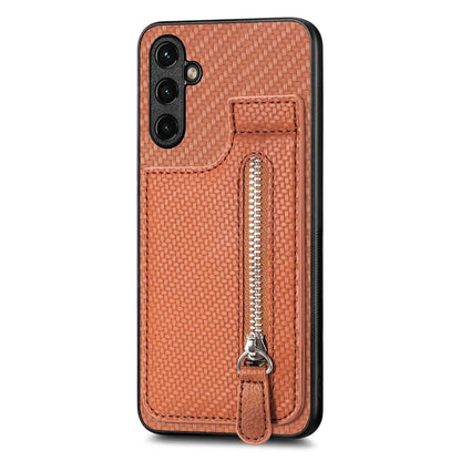 C1-03 For Samsung Galaxy A34 5G Case Zipper Pocket Carbon Fiber Protective Shell with Vertical Kickstand