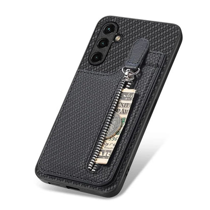 C1-03 For 	Samsung Galaxy A54 5G Case Zipper Pocket Scratch-proof Carbon Fiber Phone Cover