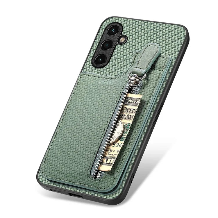 C1-03 For 	Samsung Galaxy A54 5G Case Zipper Pocket Scratch-proof Carbon Fiber Phone Cover