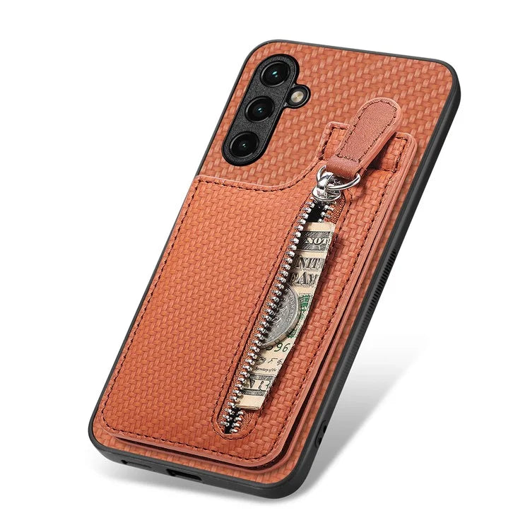 C1-03 For 	Samsung Galaxy A54 5G Case Zipper Pocket Scratch-proof Carbon Fiber Phone Cover