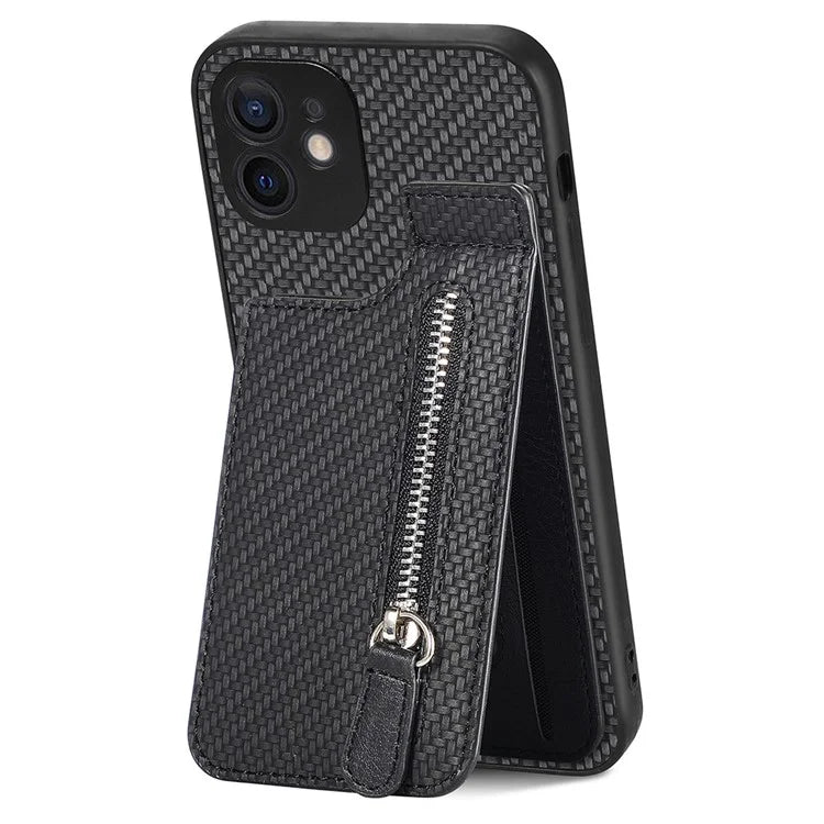 C1-03 For iPhone 12 6.1 inch Cell Phone Case Zipper Pocket Leather Coated TPU+PC Cover