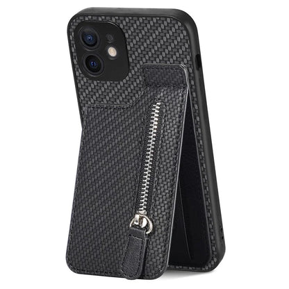 C1-03 For iPhone 12 6.1 inch Cell Phone Case Zipper Pocket Leather Coated TPU+PC Cover