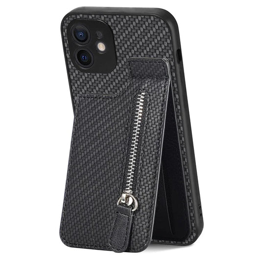 C1-03 For iPhone 12 6.1 inch Cell Phone Case Zipper Pocket Leather Coated TPU+PC Cover