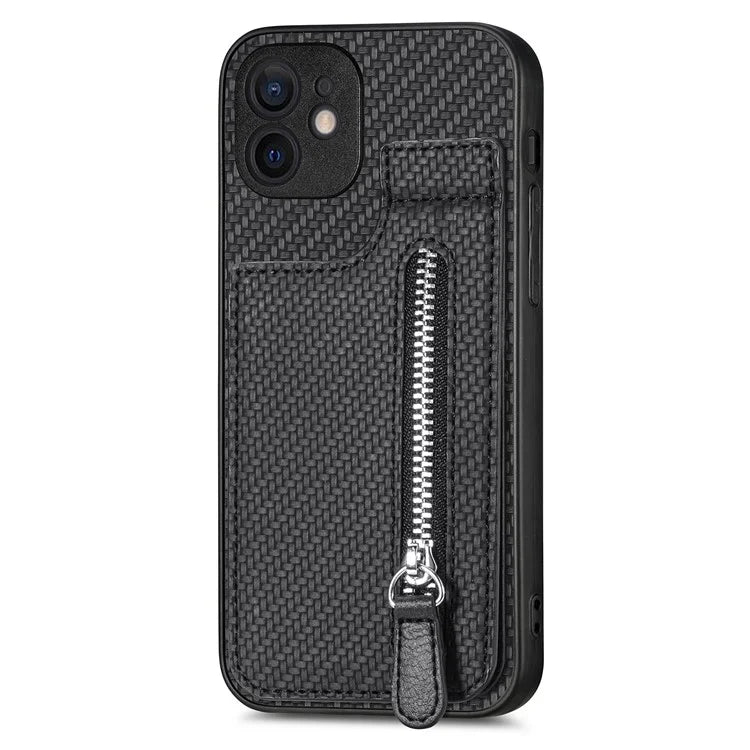 C1-03 For iPhone 12 6.1 inch Cell Phone Case Zipper Pocket Leather Coated TPU+PC Cover