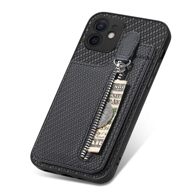 C1-03 For iPhone 12 6.1 inch Cell Phone Case Zipper Pocket Leather Coated TPU+PC Cover