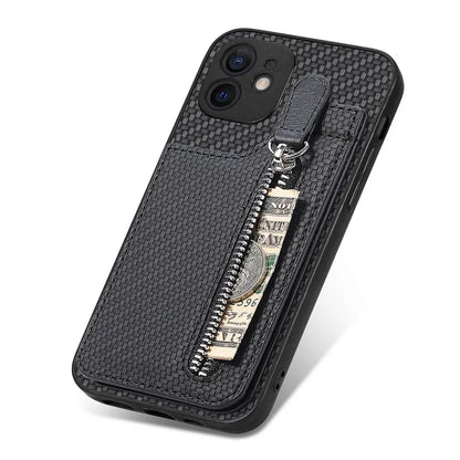 C1-03 For iPhone 12 6.1 inch Cell Phone Case Zipper Pocket Leather Coated TPU+PC Cover