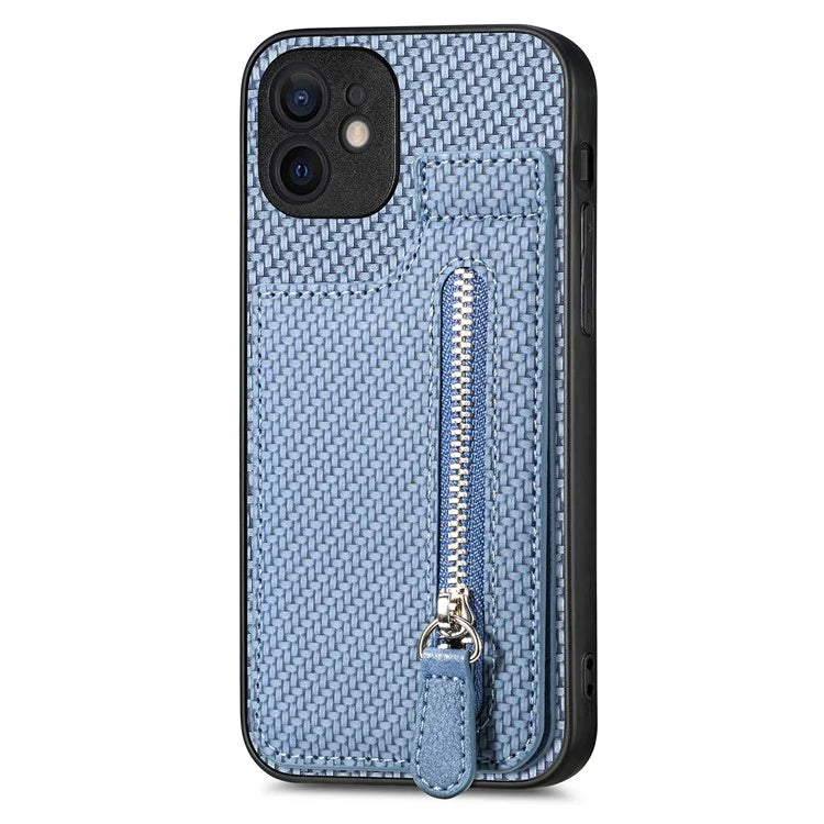 C1-03 For iPhone 12 6.1 inch Cell Phone Case Zipper Pocket Leather Coated TPU+PC Cover