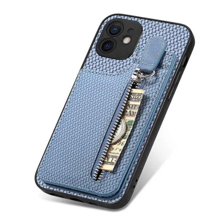 C1-03 For iPhone 12 6.1 inch Cell Phone Case Zipper Pocket Leather Coated TPU+PC Cover