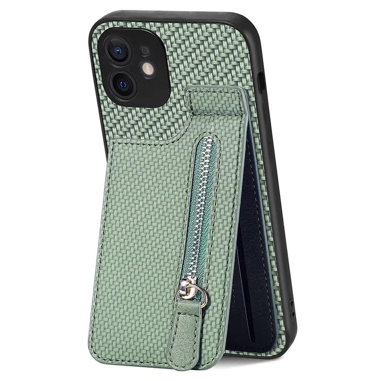C1-03 For iPhone 12 6.1 inch Cell Phone Case Zipper Pocket Leather Coated TPU+PC Cover