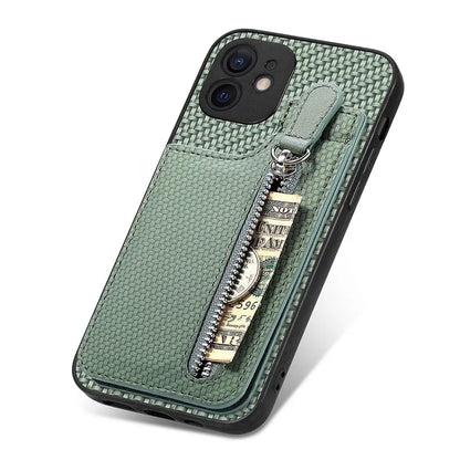 C1-03 For iPhone 12 6.1 inch Cell Phone Case Zipper Pocket Leather Coated TPU+PC Cover