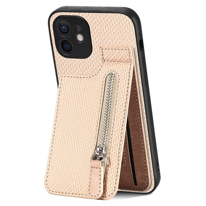 C1-03 For iPhone 12 6.1 inch Cell Phone Case Zipper Pocket Leather Coated TPU+PC Cover