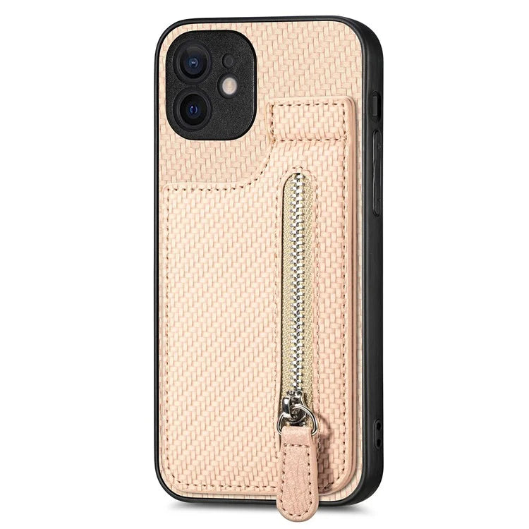 C1-03 For iPhone 12 6.1 inch Cell Phone Case Zipper Pocket Leather Coated TPU+PC Cover