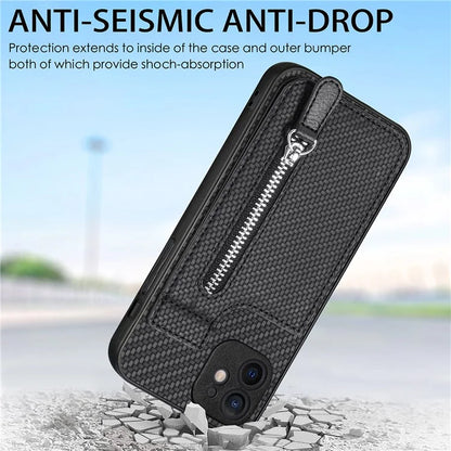 C1-03 For iPhone 12 6.1 inch Cell Phone Case Zipper Pocket Leather Coated TPU+PC Cover