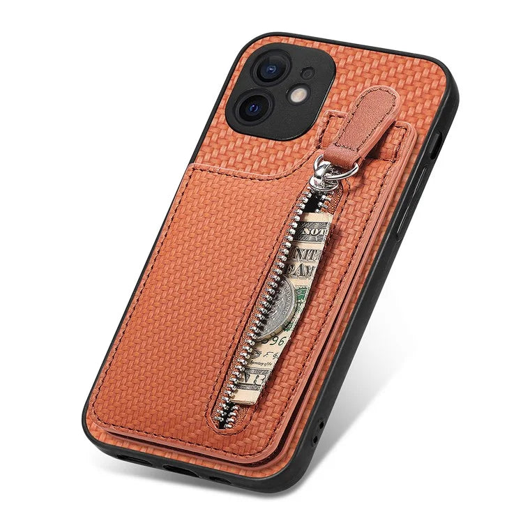 C1-03 For iPhone 12 6.1 inch Cell Phone Case Zipper Pocket Leather Coated TPU+PC Cover