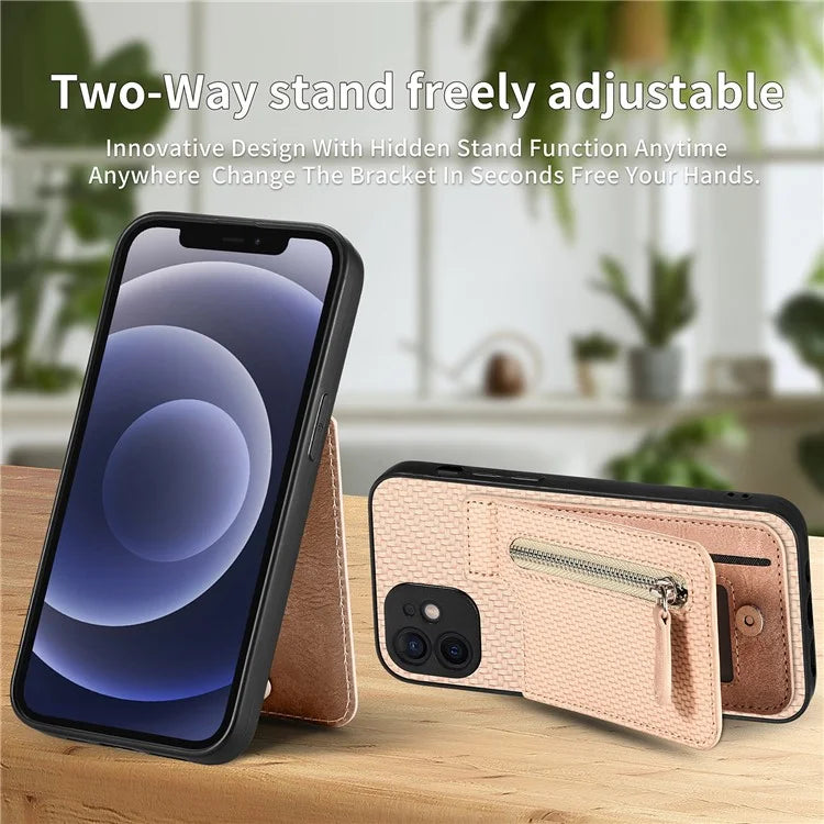 C1-03 For iPhone 12 6.1 inch Cell Phone Case Zipper Pocket Leather Coated TPU+PC Cover